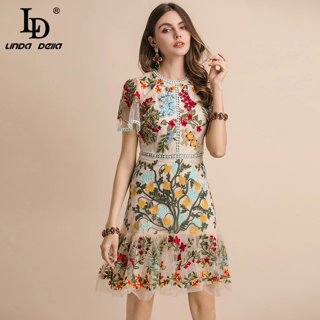 LD LINDA DELLA New 2021 Fashion Runway Summer Dress Women's Flare Sleeve Floral Embroidery Elegant Mesh Hollow Out Midi Dresses 1