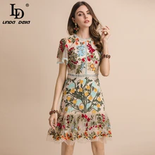 LD LINDA DELLA New 2021 Fashion Runway Summer Dress manica svasata da donna ricamo floreale elegante maglia scava fuori abiti Midi