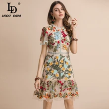 LD LINDA DELLA New 2021 Fashion Runway Summer Dress Women's Flare Sleeve Floral Embroidery Elegant Mesh Hollow Out Midi Dresses