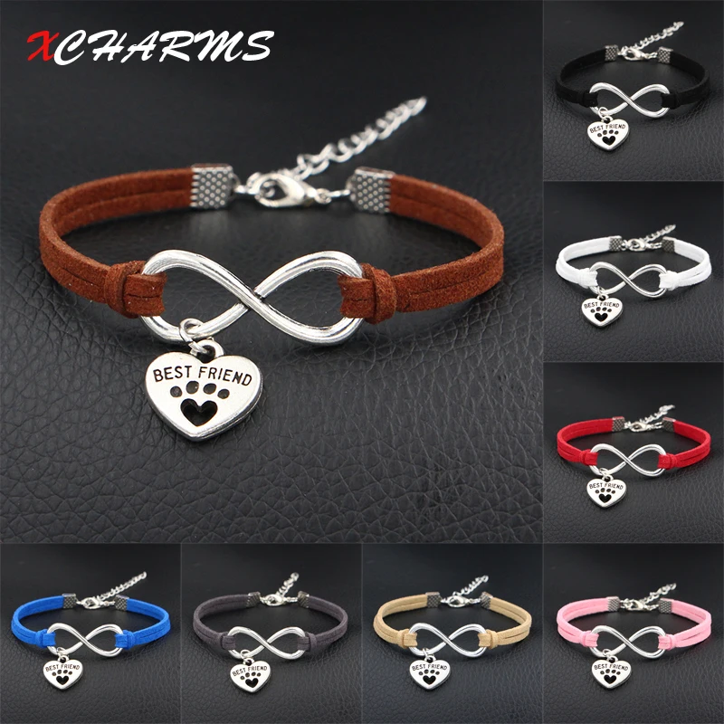 

2018 New Dog is My Best Friend & Dog Paw Prints Heart Charms Bracelet Antique Silver Love Infinity Leather Bracelets For Women