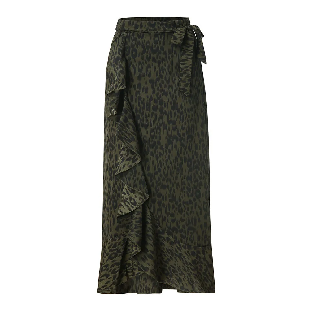 

Women Daily Summer Bohemia High Waist Leopard Ruffle Flared Beach Wrap Maxi Long Skirt Vintage Elegant Party Casual Skirts 2019