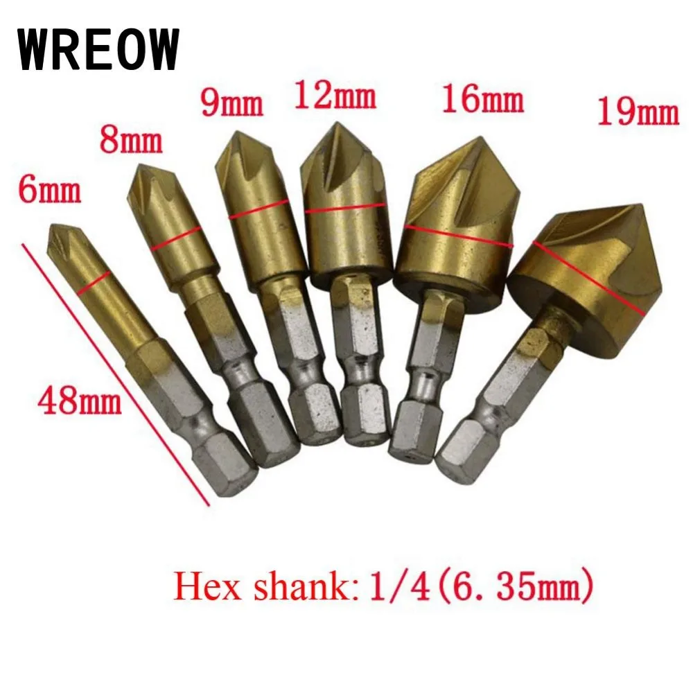 

6PCS 5 Flute Chamfer Countersink Drill Bit 1/4" Hex Shank HSS Wood Chamfering Cutter Chamfer 6mm-19mm Countersink Drill Bit New