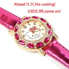 Free Shipping Top Fashion Brand Hello Kitty Quartz Watch Children Girl Women Leather Crystal Wrist Watch Wristwatch Cut Lovely