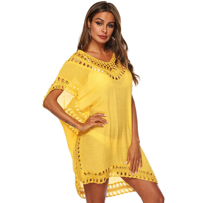 Повседневное открытое летнее пляжное платье с v-образным вырезом и рукавом летучая мышь, хлопковая туника, женский пляжный купальник, накидка, саронг ПЛАЖ А70 - Цвет: Yellow