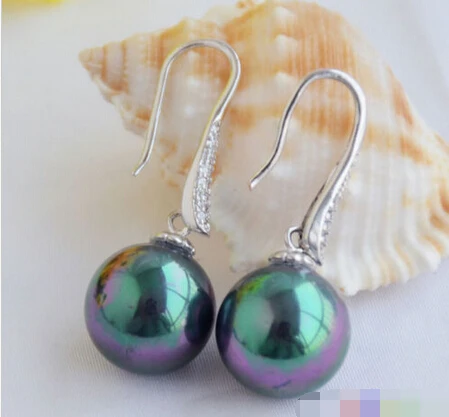 

FREE SHIPPING>>> free shipping 00175 PECACOCK BLACK ROUND SOUTH SEA SHELL PEARL DANGLE EARRING