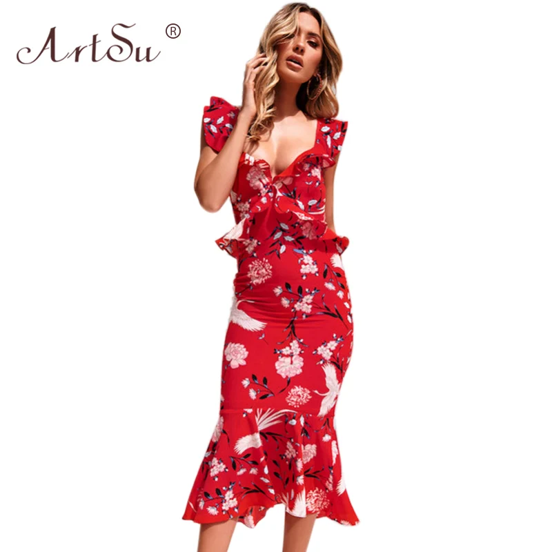 

ArtSu Fashion Red Party Dress Backless Ruffles Butterfly Sleeve Women Summer Mermaid Dresses Female Floral Print Maxi Dress 2019