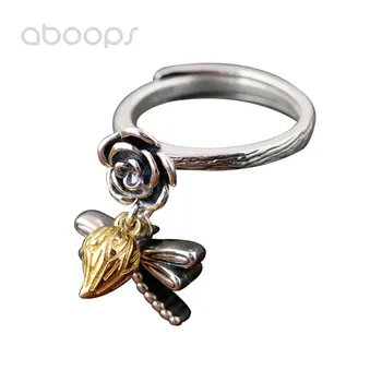 

Two Tone 925 Sterling Silver Rose Flower Ring with Dragonfly Charm for Women Girls Adjustable Free Shipping