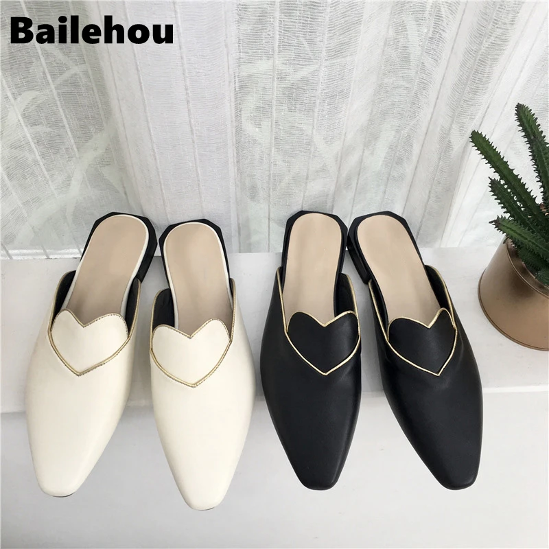 

Bailehou 2019 Summer Fashion Women Pointed Toe Mules Slipper Low Heels Heart Outsides Ladies Slides Luxury Brand Beach Mules Sho