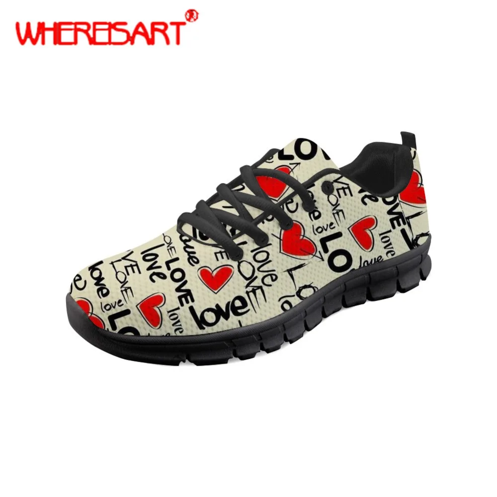 

WHEREISART Women Love Pattern Flat Shoes for Teenagers Heart Printing Sneakers Ladies Round Toe Mesh Shoes Feminine Spring Flats