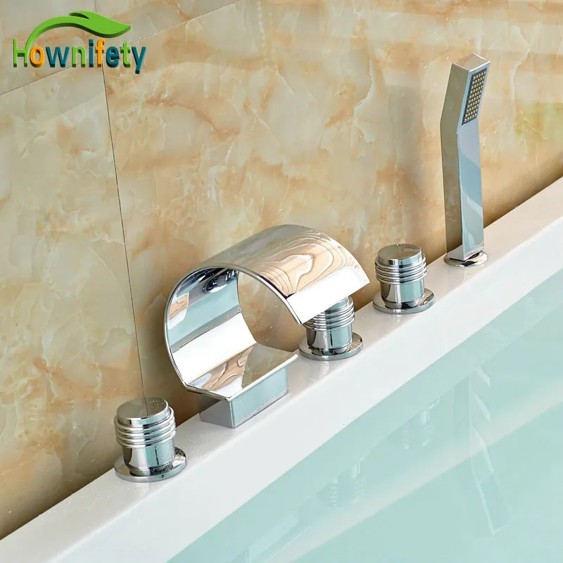 

Swivel Spout Bathroom Tub Faucet 5pcs Deck Mounted Mixer Faucet Three Handles With Hand Shower