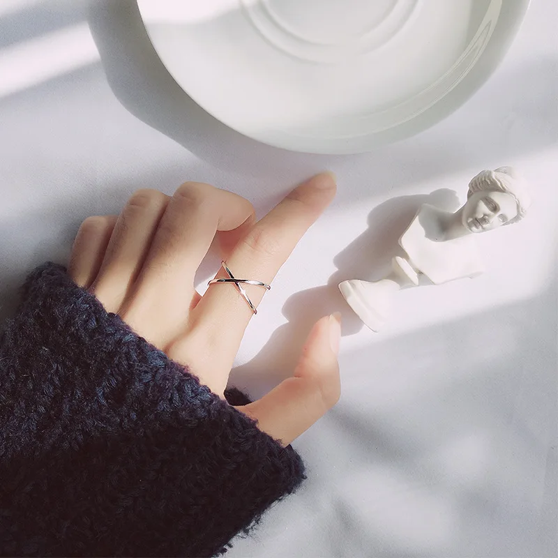 Genuine 925 Silver X Hollow Cross Open Ring Fashion Contracted Simple Adjustable Finger Jewelry For Women Girls Wholesale