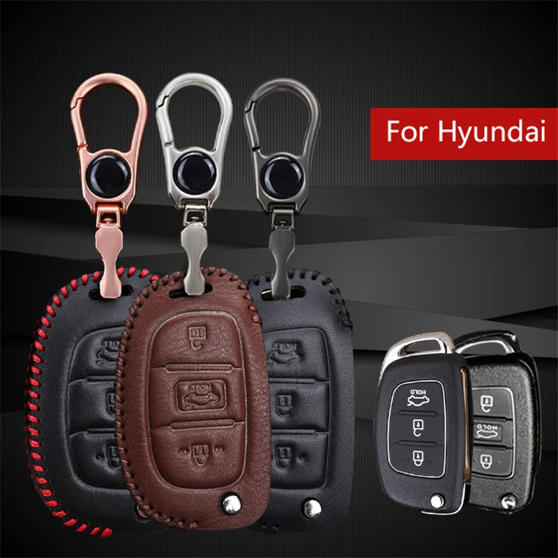 Car Key Case Cover For Hyundai Genuine Leather 3 Buttons Key Chain