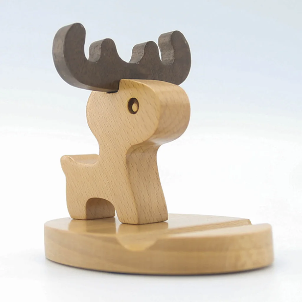 Solid Wood Animal Mobile Phone Holder Car Home Mount Cradle Desk Stand for Mobile Cellphone Laptop, Switch/Deer/Dog/Boy/Elephant