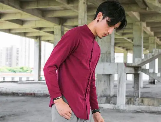 KUANGNAN, китайский стиль, мужские рубашки с длинным рукавом, одноцветная Повседневная Уличная Мужская рубашка, мужская хлопковая льняная рубашка, Мужская одежда, новинка - Цвет: Wine Red
