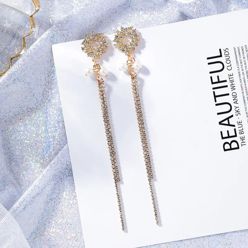 

Fashion New Full Rhinestone Flower Round Circle Pearl Earrings for Girls Temperament Long Tassel Drop Brincos Jewelry EC1494