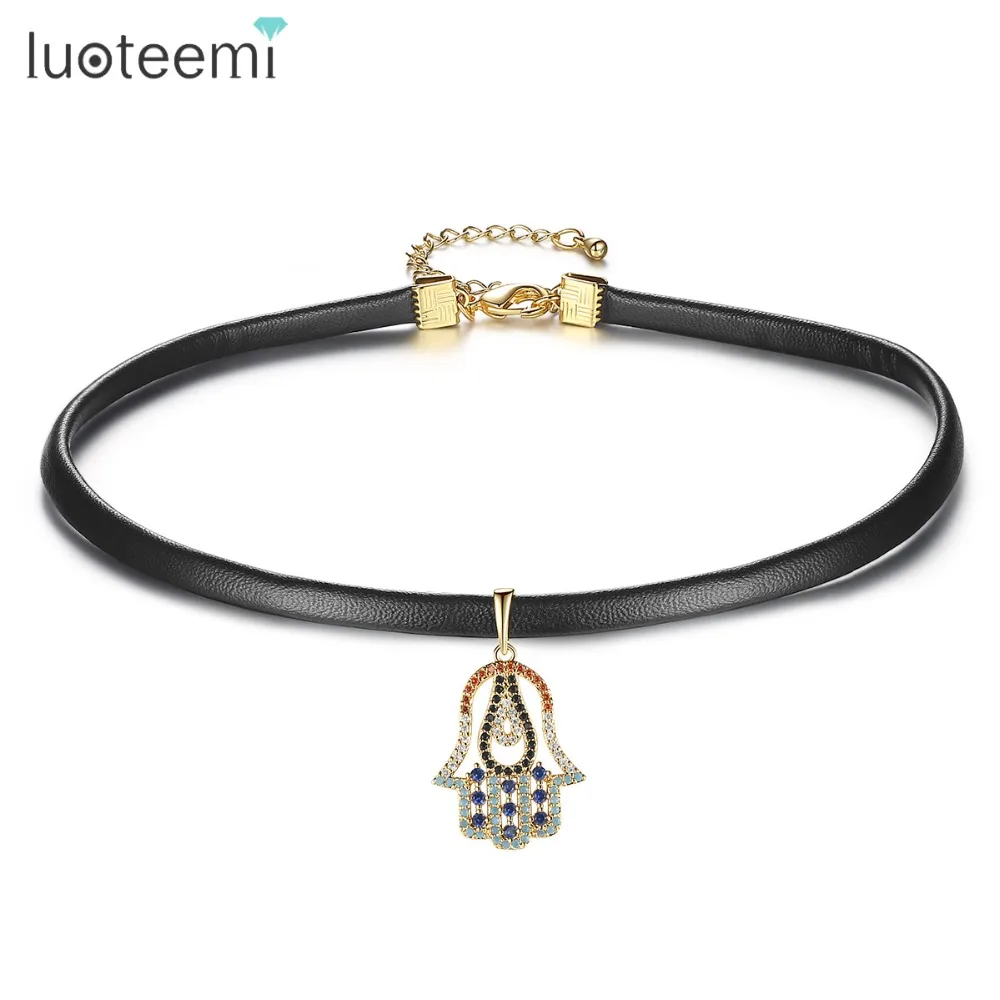 

LUOTEEMI Brand Attractive Popular Gothic Style Charms Choker Necklaces for Women & Ladies Black Faxu Leather Elegant Jewelry