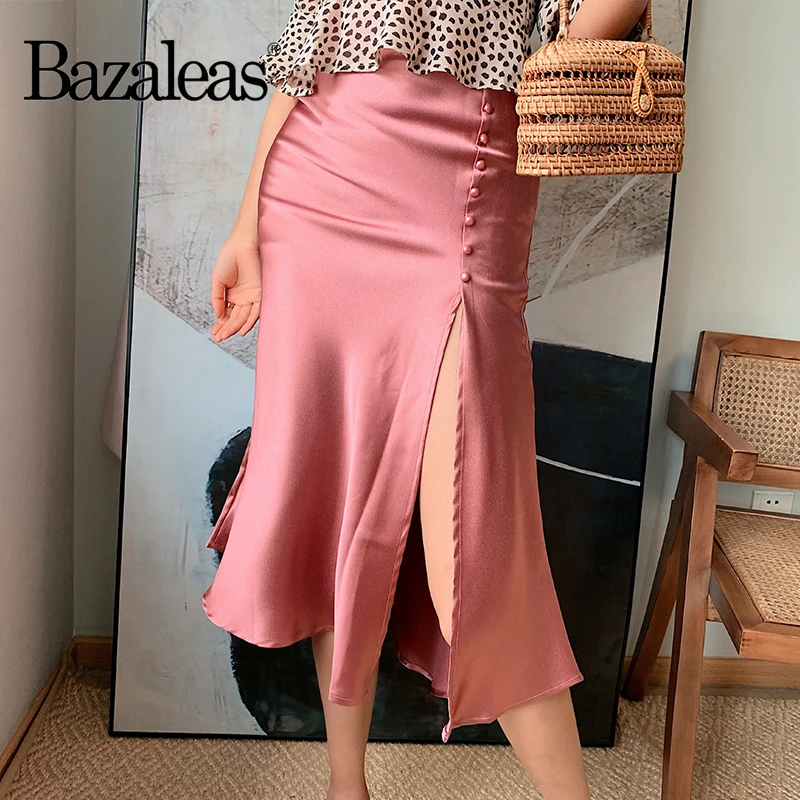 

Bazaleas Vintage Like silk Midi Skirts Sexy Slim women skirt Satin Pink Women Skirt Casual slip Buttons skirt drop shipping