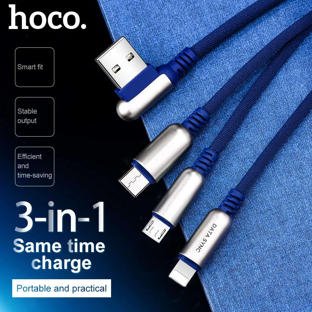 USB кабель HOCO для iPhone X XS XR 8 7 зарядное устройство 3 в 1 Micro Android Type c мобильный телефон