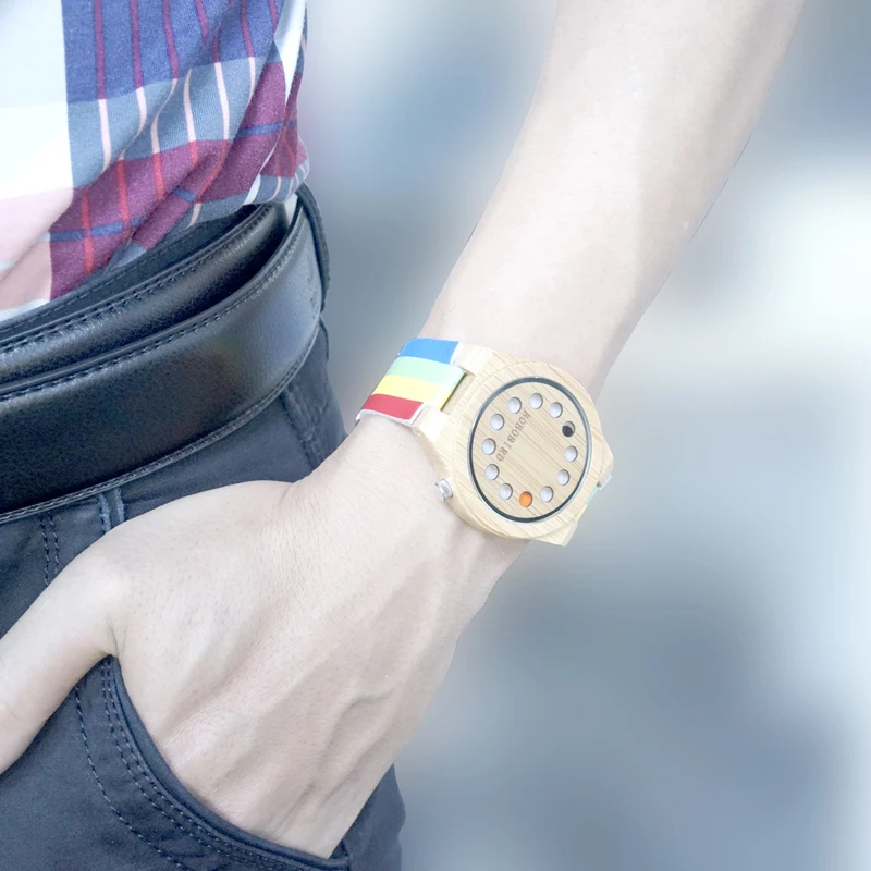 BOBO BIRD V-A01 Mens Wooden Watch 12 Holes Design Bamboo Dial Rainbow Band Quartz Watch in Gift Box montre homme marque de luxe