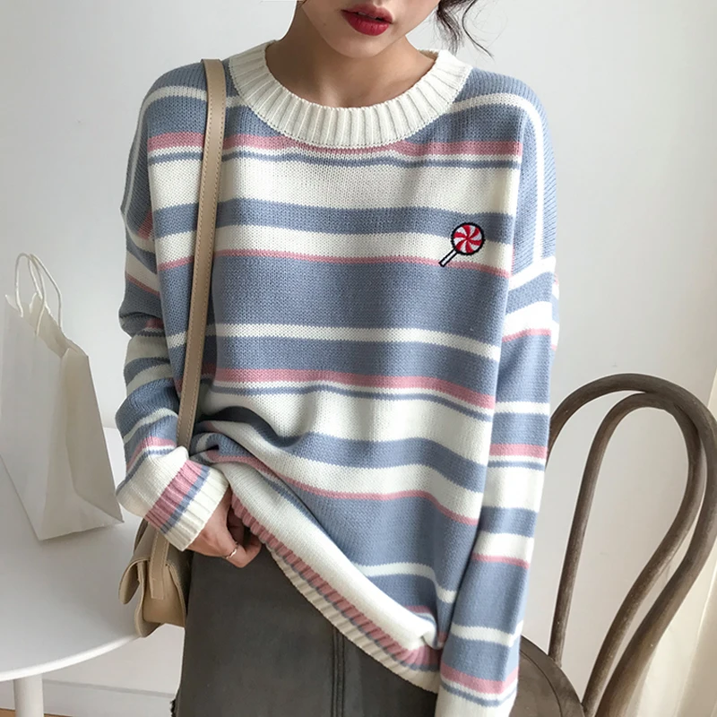 

2019 New Preppy Style Cute Cartoon Embroidery Stripe Sweater Women Autumn Winter Long Sleeve Casual Pullovers Sweaters