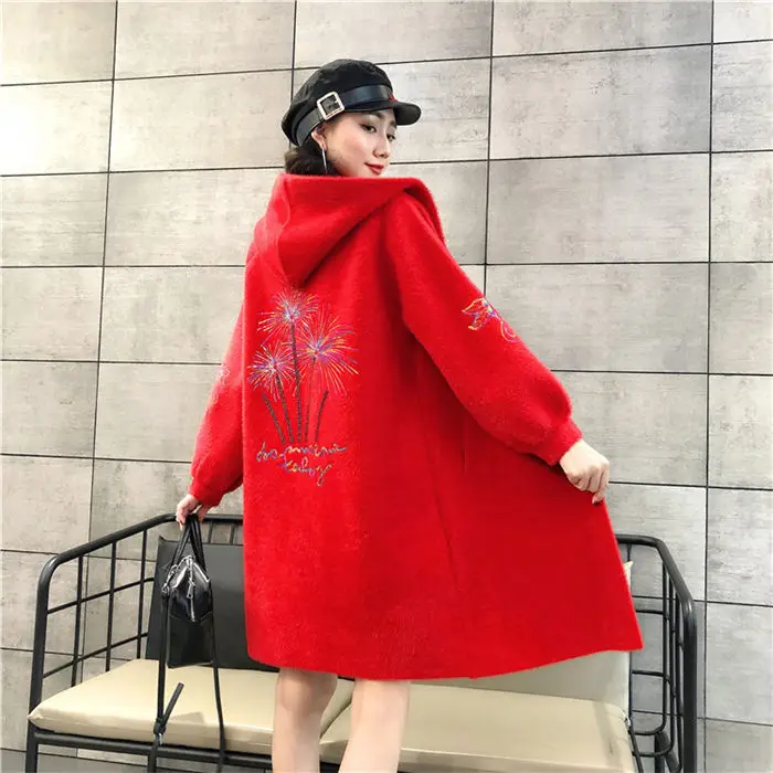 Принт с оторочкой капюшона из искусственного меха норки меховой жакет, женский пиджак женский осень-зима пушистые новые корейские свободные плотные вельветовые с длинным рукавом Верхняя одежда Теплый f1303 - Color: red