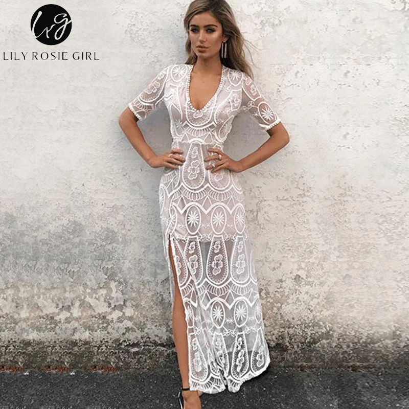

Lily Rosie Girl Sexy Lace Hollow Out Women Dresses Short Sleeve Maxi Dress Empire V-neck Blackless Summer Beach Party Vestidos