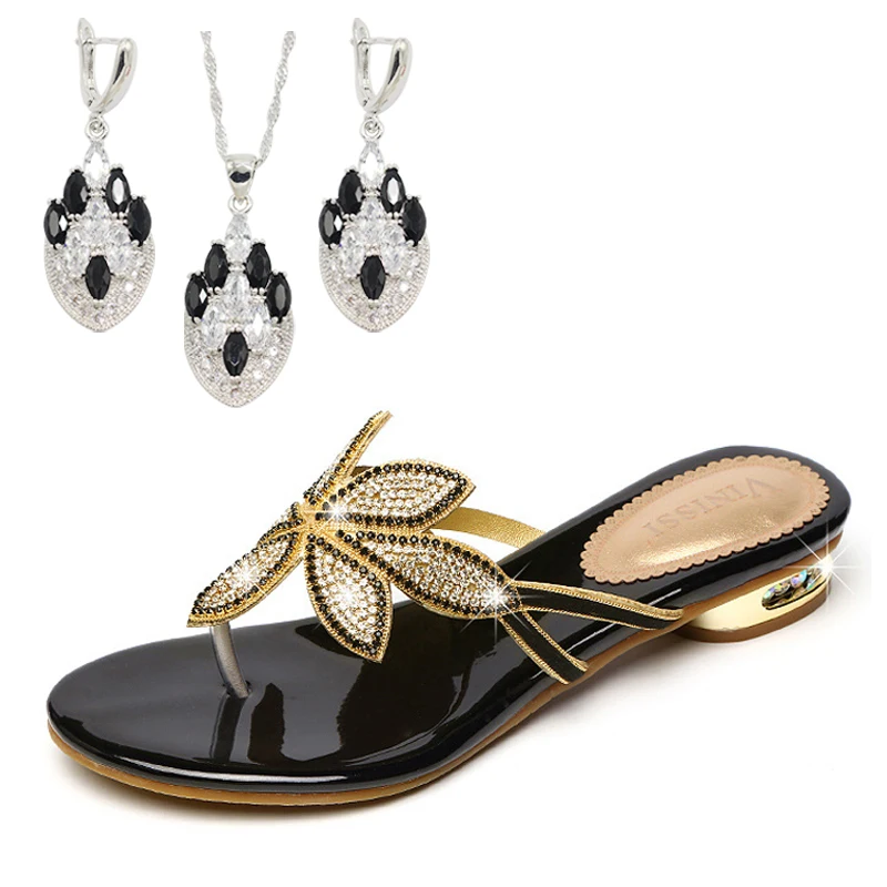 

Crystal Low Heel Sandals Woman Multicolor Black Zirconia Silver Jewelry Set Shoes Match Crystal Leather Rhinestone Women Shoes