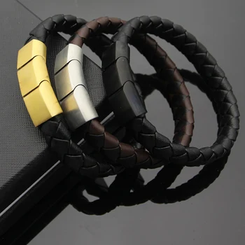 

Titanium steel jewelry fashion men's woven leather rope magnetic buckle leather bracelet bangle luxury gift