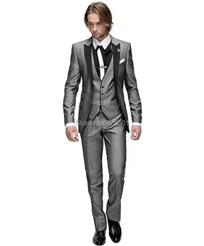 

New Arrival 2020 Grey Slim Fit Business Party Men Suits Fashion Gentleman 3 Piece Peaked Lapel Wedding Dress Groom Tuxedos Suits