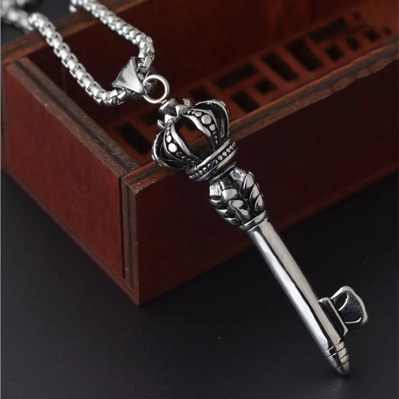 Punk Stainless Steel Crown Key Necklace Men silver color pendant long chain necklaces erkek kolye colar gothic jewellery | Украшения и