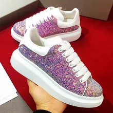 Blingbling Shiny Sequins Women Leather Thick Bottom Single Shoes Famale Lace Up Casual Shoes Summer Luxury Shoes Women Designers