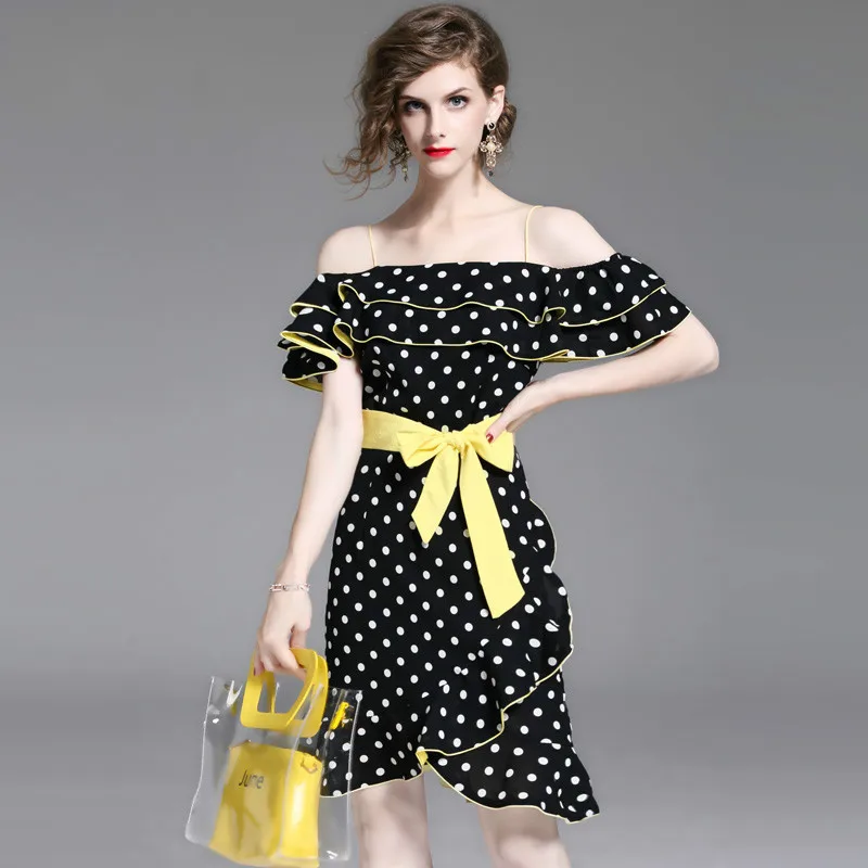 Vintage Wave Point Slash Neck Summer Mermaid Dress Women Black Ruffles