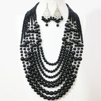 

Elegant black round shell baking paint glass abacus crystal 7 rows necklace earrings women ceremony gift jewelry B1306