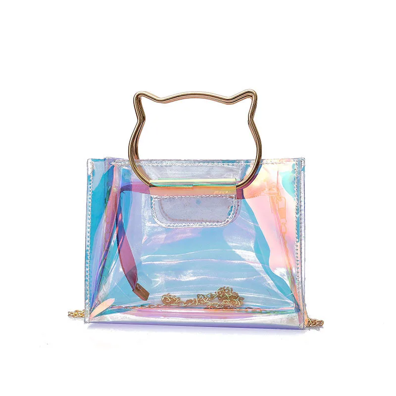 

2018Women Holographic Clear Bag Transparent PVC Cat Metallic totes Female Shoulder Bag Laser hologram Lady Messenger Bags Femmia