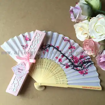 Free shipping 50Sets/Lot Personalized Wedding Date & Names Plum flower Chinese Silk Hand Fan with Luxury Gift Box for Wedding