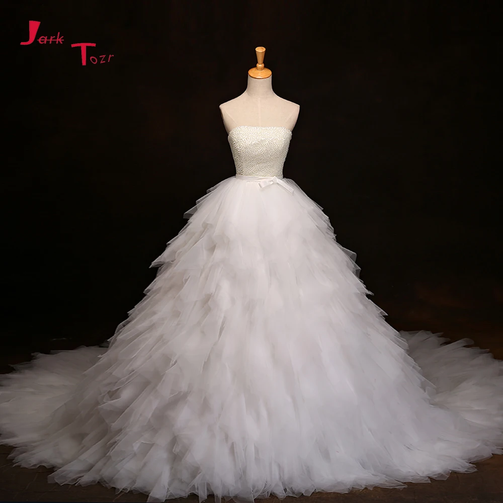 

Jark Tozr Custom Made Strapless Lace Up Bow Waist Gold Pearls Bodice Princess Ball Gown Wedding Dresses Vestido De Noiva 2019