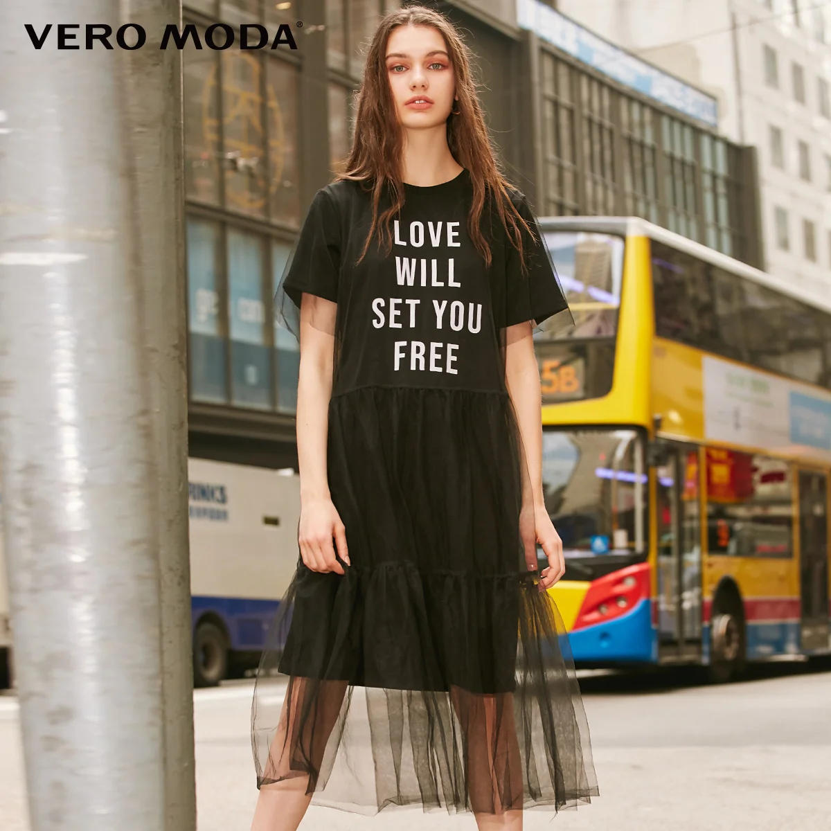 Vero Moda сплайсинга гаузи Футболка Письмо летнее платье | 319161521 - Цвет: Black