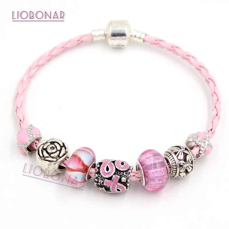 

6PCS Breast Cancer Awareness Jewelry, European Lampwork Murano Bead Pink Ribbon Bracelet Breast Cancer Pink Ribbon Bracelets