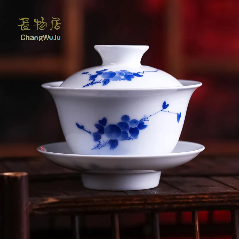 Changwuju Цзиндэчжэнь чашки и блюдца кунгфу Чайный набор чашка ручной работы с крышкой большой размер синий и белый фарфор китайская чашка для чая