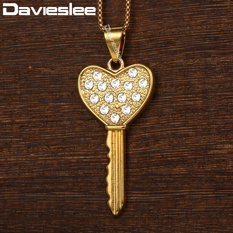 Davieslee Necklace For Women Heart Key Shaped Pendant Paved Rhinestones