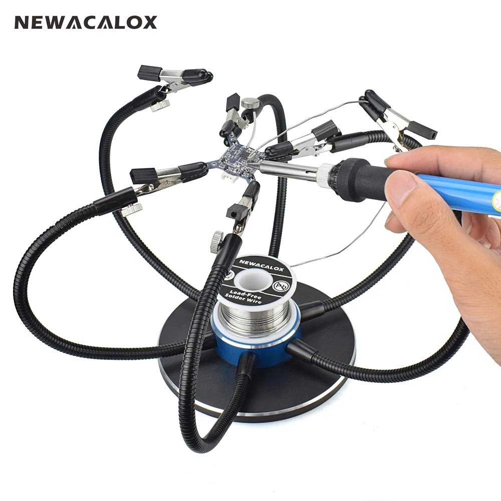 NEWACALOX Third Pana Hand Aluminum Base Soldering Station Holder with 6pcs Helping Hands 360 Degree Swiveling Clips Welding Tool NEWACALOX Third Pana Hand Aluminum Base Soldering Station Holder with 6pcs Helping Hands 360 Degree Swiveling Clips Welding Tool