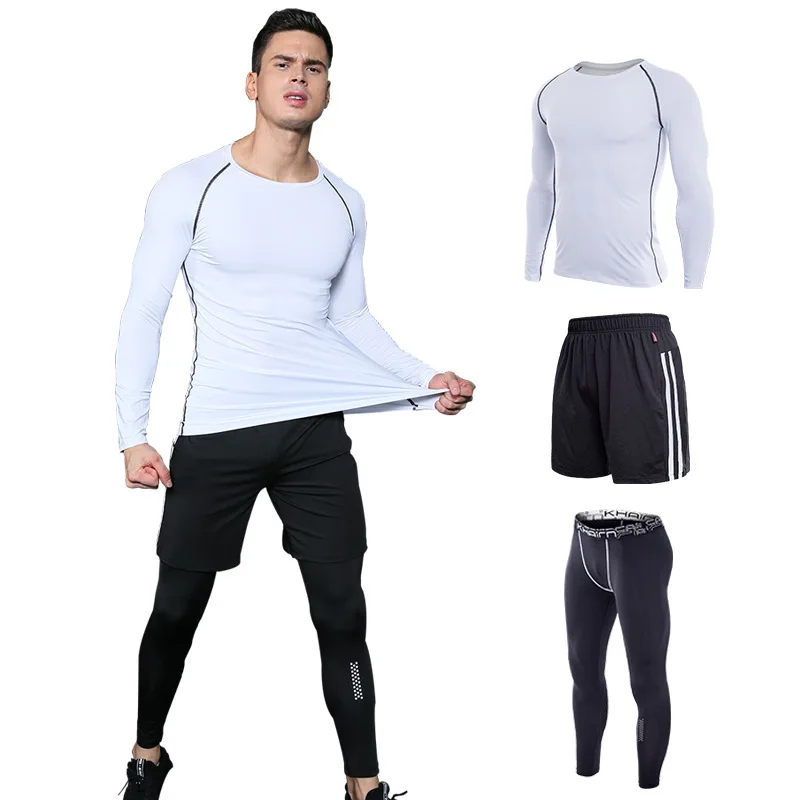 Men Compression rashguard men's multi-functional fitness pants-Long sleeve T-shirt + shorts 3 Piece set Clothing Tops & Tees men