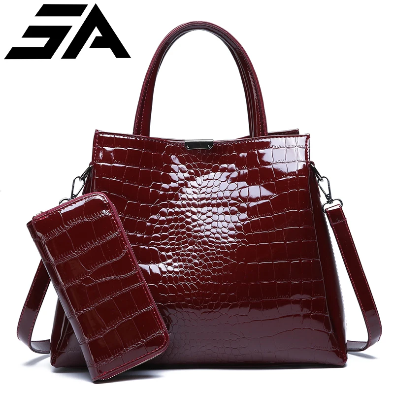 

luxury brand crocodile women bag black red patent leather women handbags set large capacity shoulder bag female tote bags+wallet