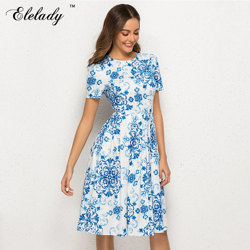 Elelady 2019 весна лето цветочный принт платье с коротким рукавом платья для вечеринок