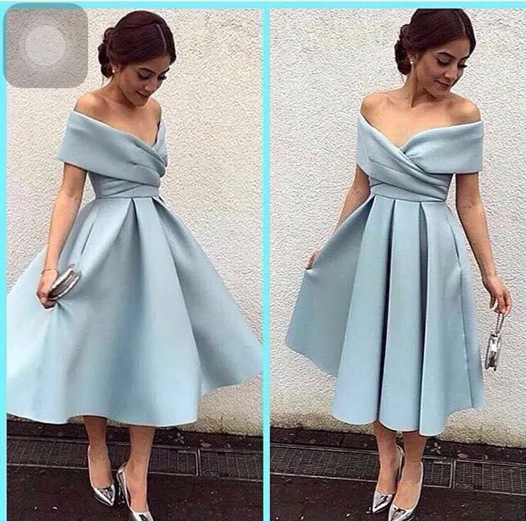 

Tea Length Elegant Prom Dresses 2016 Sweetheart Off the Shoulder Evening Party Dress A-Line Blue Short Prom Gown with Pleat