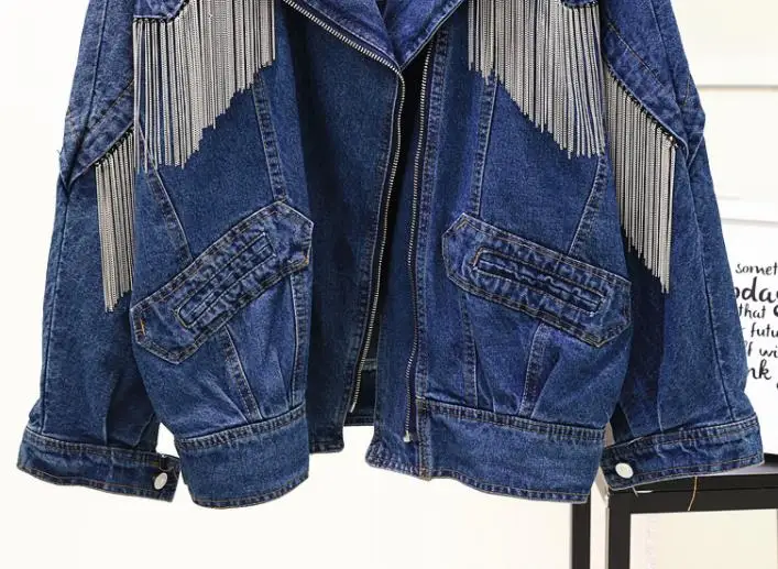 wonderful  2018 New Spring Autumn Women's Loose Chain Tassel Denim Jacket Blue Cowboy Coat Female Students Cas