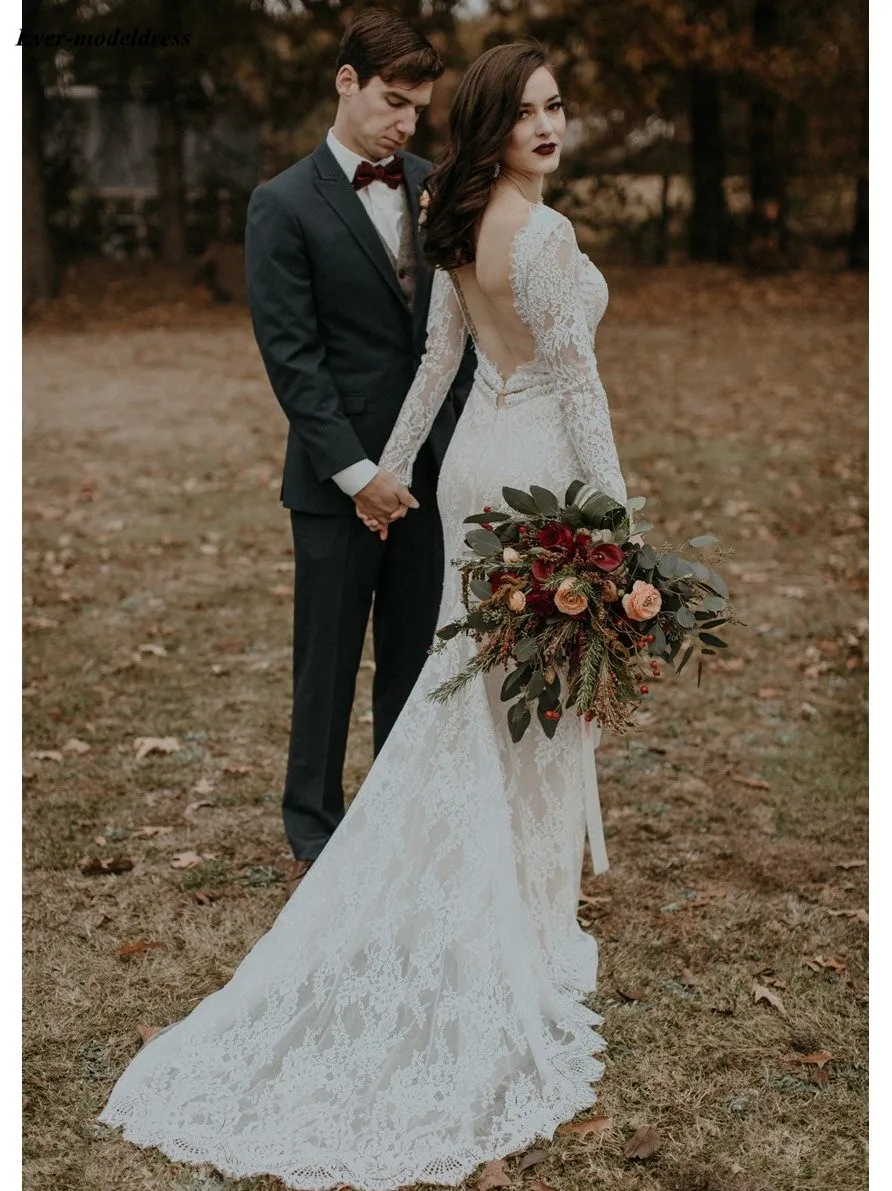 Кружевные свадебные платья с открытой спиной в стиле бохо, длинные рукава размера плюс, свадебные платья, свадебное платье на заказ