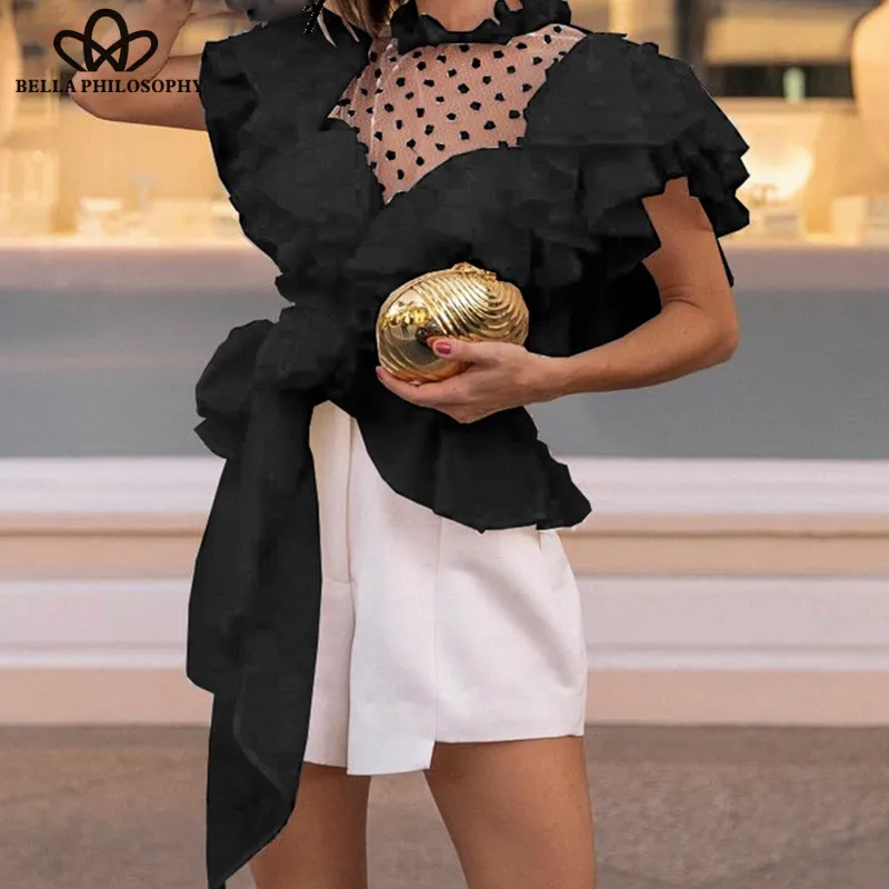 Wonder  Vintage sexy ruffles sleeve women blouse shirt Sexy mesh polka dot blouse Sashes holiday tops party lace blouse shirt