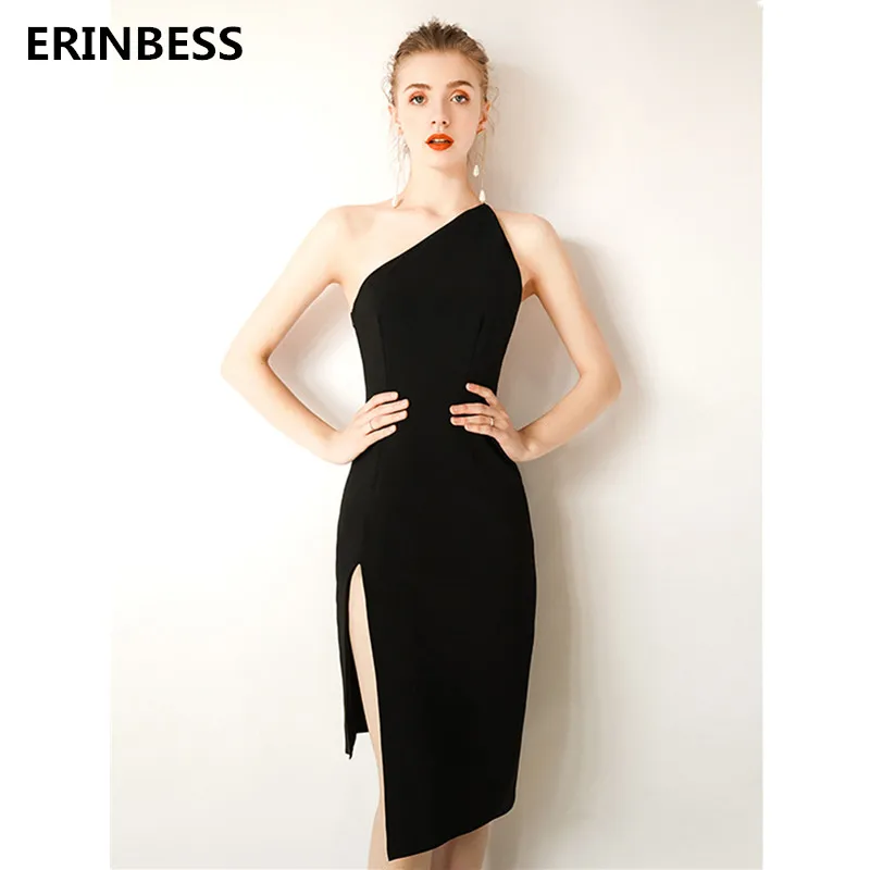 

Short Prom Dresses 2019 Vestido De Festa Sexy One-Shoulder Black Prom Dress High Split Women Formal Party Gowns For Evening
