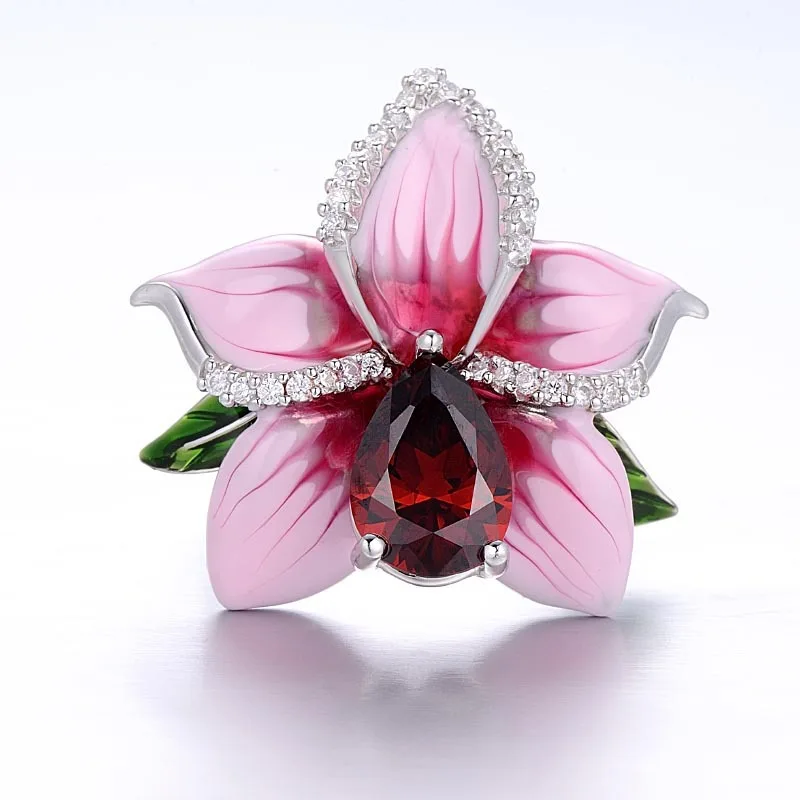 Модное 925 пробы Серебряное эмалированное цветочное кольцо для свадебной вечеринки, ювелирные изделия, красная капля воды, Кристальное обручальное кольцо